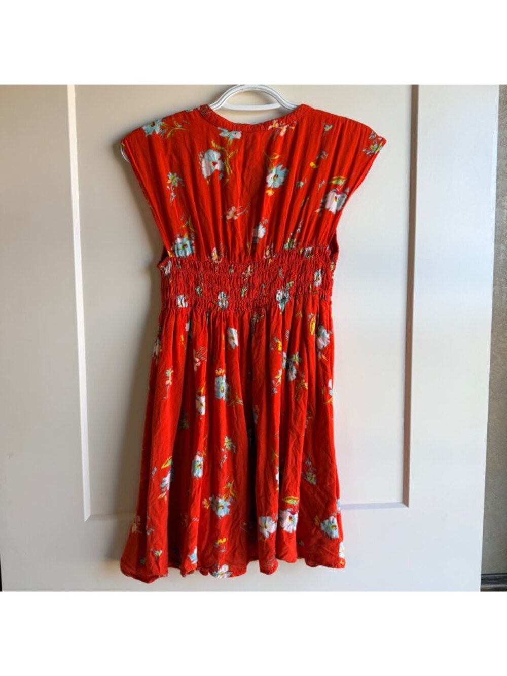 Free People Womens Red Orange Floral Button Front Smocked Waist Rayon Dress XS - Picture 5 of 8